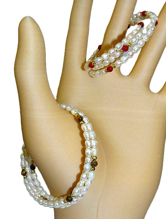 None Jewelry - 2 Freshwater Pearl Coil Wrap Bracelets Gold-Tone Red & Tiger Eye Beads